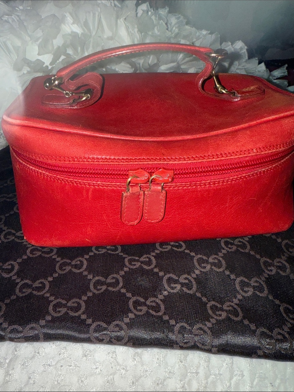 Vintage Gucci Red and Beige Leather Cosmetic Case/  Vanity Bag Made in Italy
